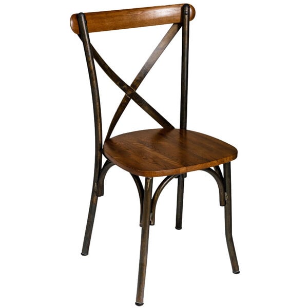 A BFM Seating Henry wooden side chair with a metal frame and wooden seat and back.