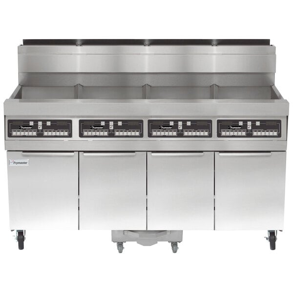 A Frymaster stainless steel liquid propane floor fryer system with three drawers.