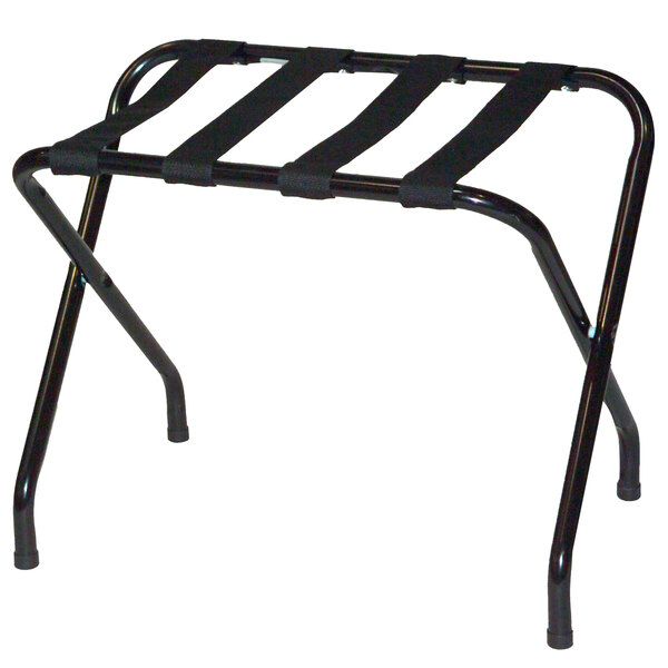 A black metal CSL flat top luggage rack with straps.