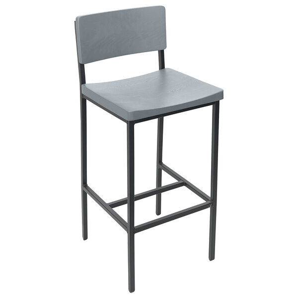 A gray BFM Seating bar stool with a black steel frame and wooden back and seat.