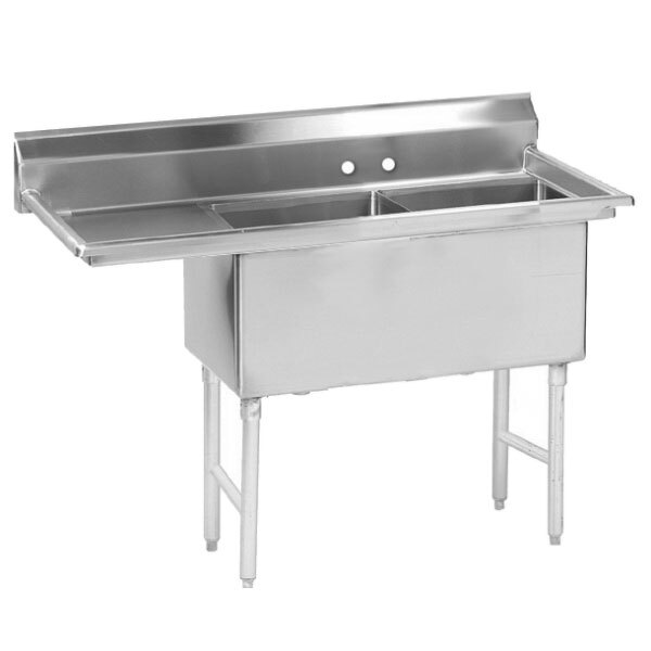 A stainless steel Advance Tabco two-bowl sink with a left drainboard.