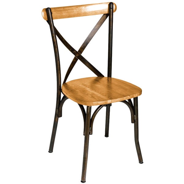 A BFM Seating Henry side chair with a natural wood seat and back and a metal frame.