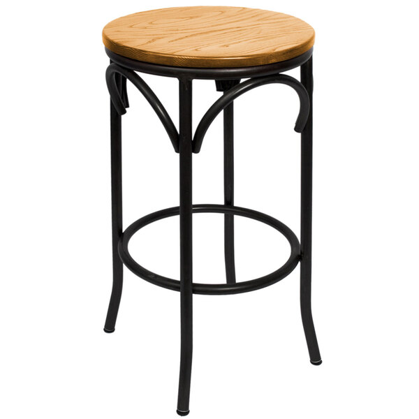 A BFM Seating Henry black steel bar stool with a round wood seat.