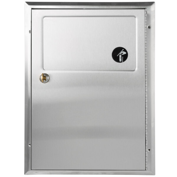 A close-up of a stainless steel Bobrick sanitary napkin disposal with a metal door.