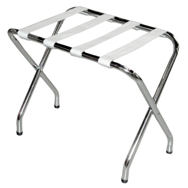 A chrome metal CSL Flat Top luggage rack with straps on a white background.