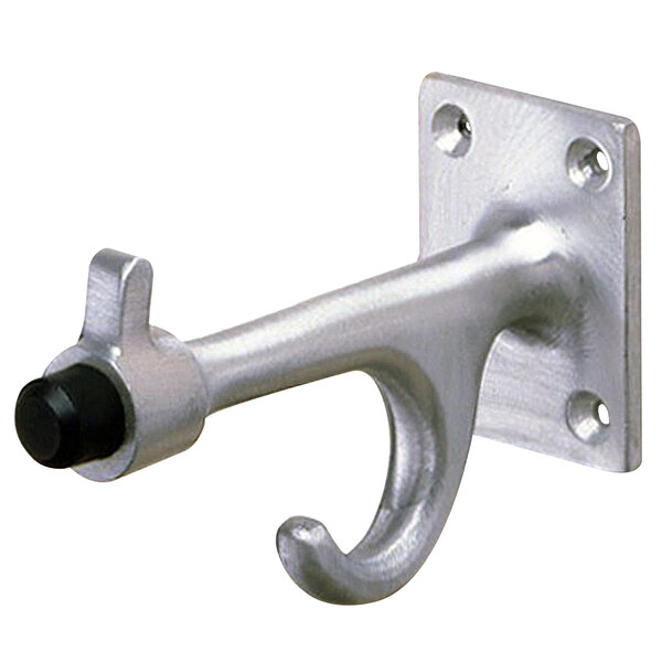 A silver metal Bobrick clothes hook with a black rubber stopper.