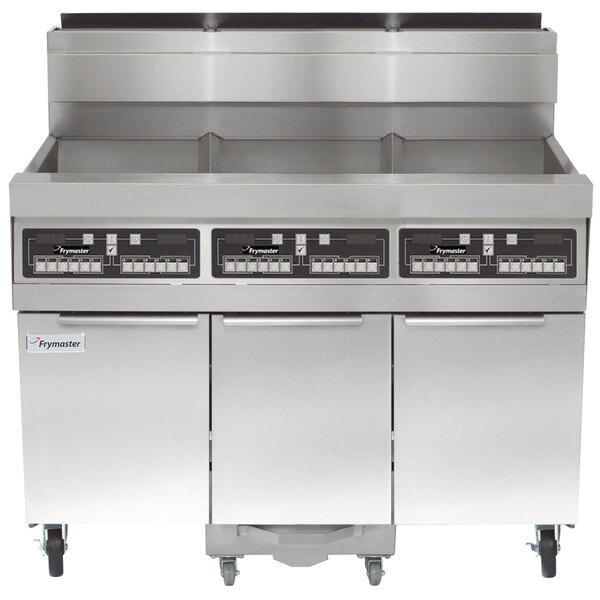 A large commercial Frymaster gas floor fryer with three units.