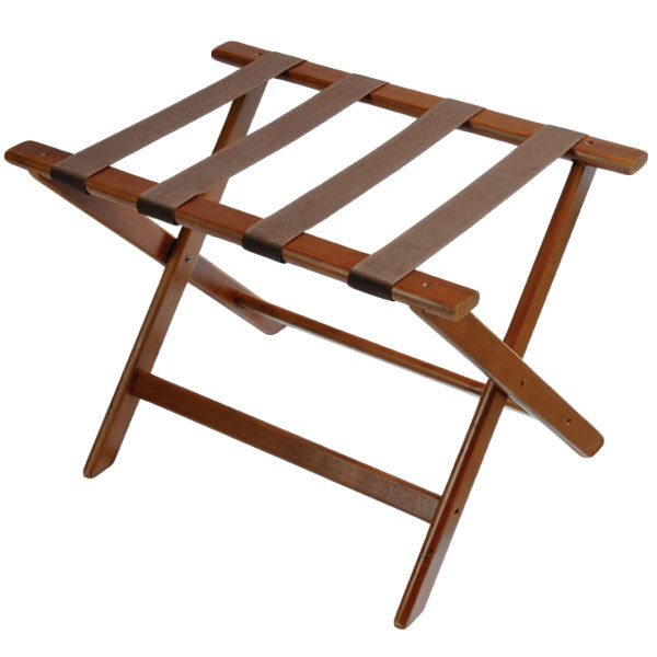 A CSL Deluxe Series walnut wood luggage rack with four legs and straps.