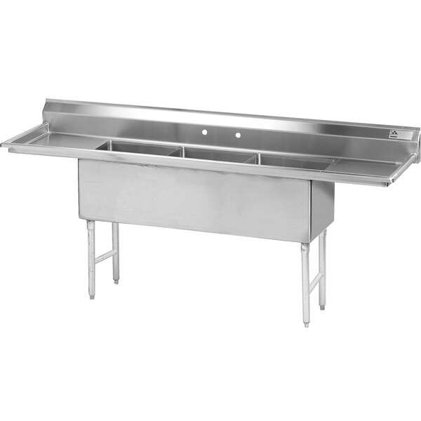 An Advance Tabco stainless steel 3-compartment sink with two drainboards.