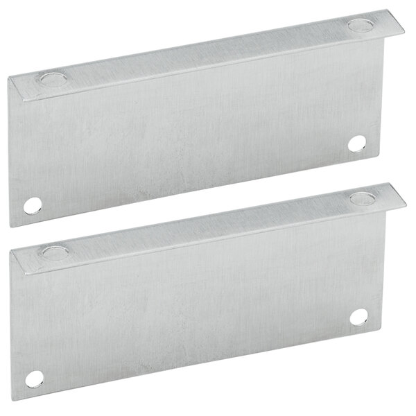 Two stainless steel Vollrath infrared food warmer surface mount brackets with holes on the side.