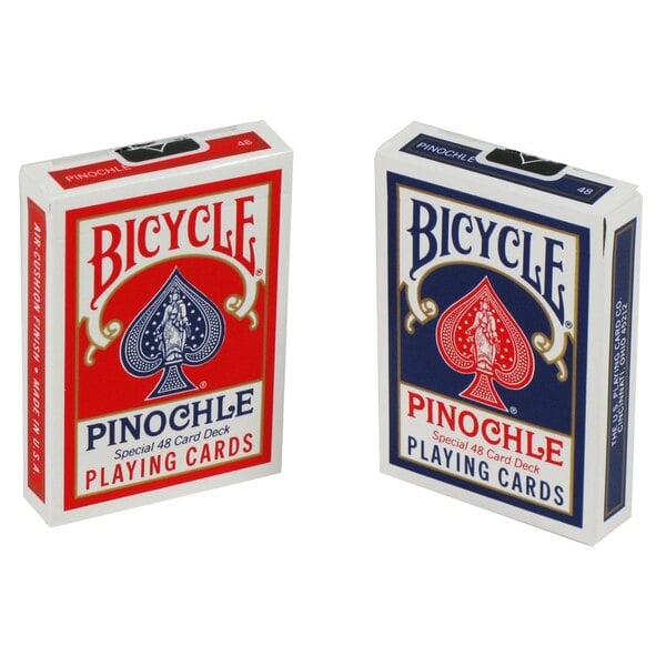 A pair of red and blue Bicycle Pinochle playing cards.