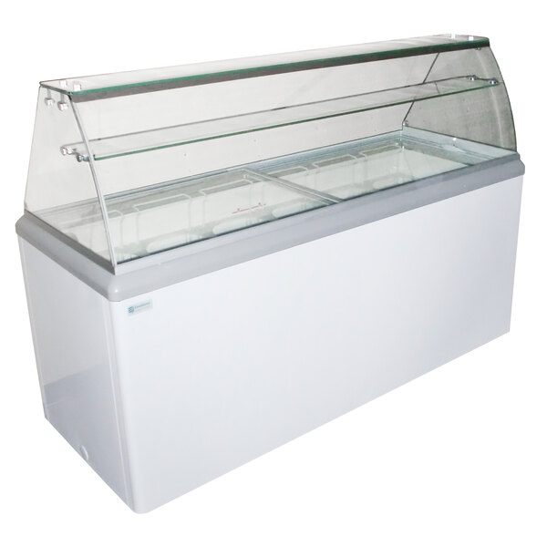 An Excellence white and clear glass gelato dipping cabinet with a glass top.