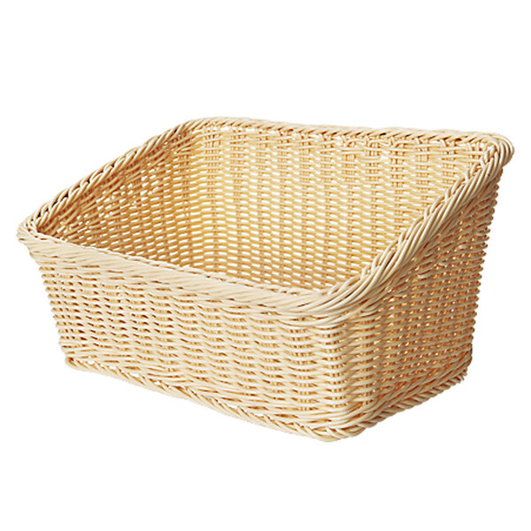 A natural plastic cascading bread basket with a handle on a white background.