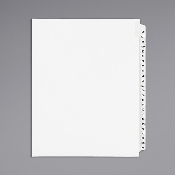 A white file folder with Avery Standard Collated Legal Exhibit Dividers with tabs numbered 126-150.