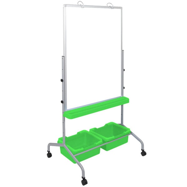 A white Luxor classroom whiteboard with green chart hooks and green bins on wheels.