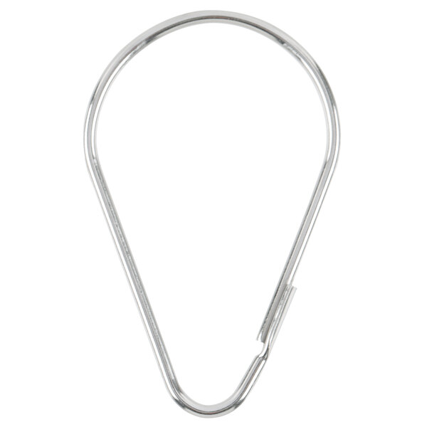 A close-up of a stainless steel shower curtain hook.