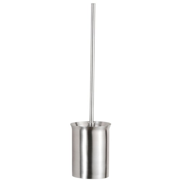 A silver Bobrick toilet brush holder with a black handle.