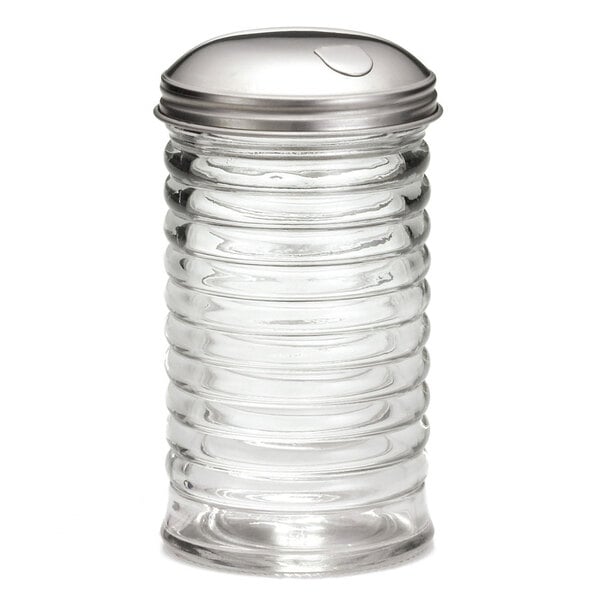 A clear glass Tablecraft beehive pourer with a stainless steel lid.