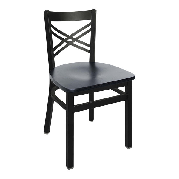 A black BFM Seating steel side chair with a cross steel back and black wooden seat.
