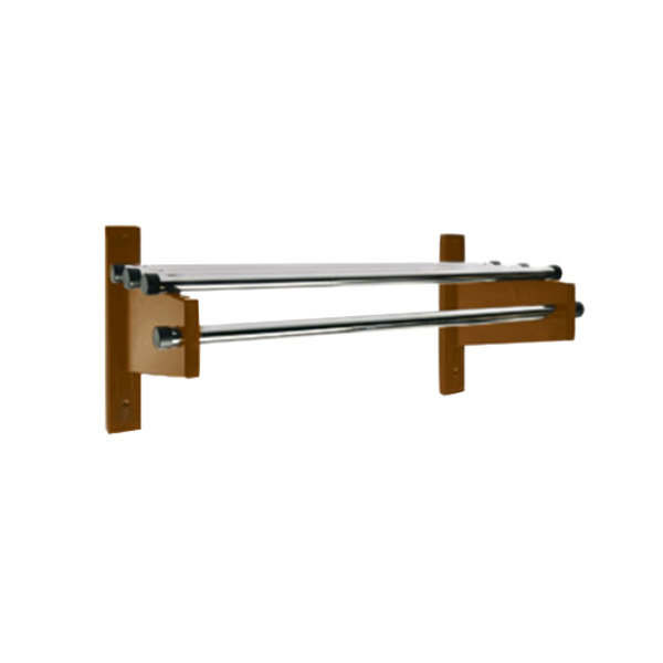 A mahogany and chrome CSL wall mount coat rack with metal bars and rods.