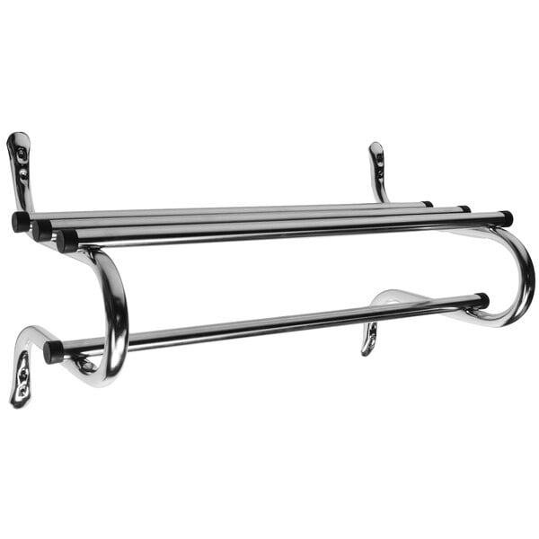 A zinc-plated metal wall mount coat rack with a hanging bar and hooks.