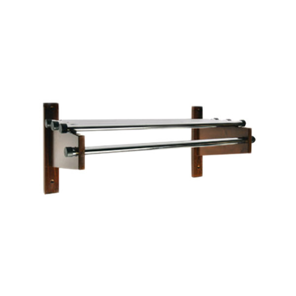 A CSL dark oak wall mount coat rack with chrome top bars and hanging rods.