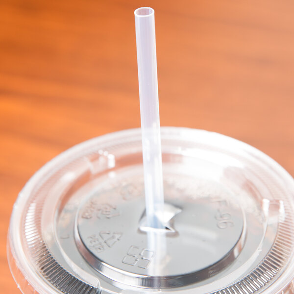 A clear Eco-Products jumbo straw in a plastic cup.