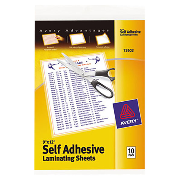 A yellow package of Avery self-adhesive laminating sheets with a pair of scissors on the front.