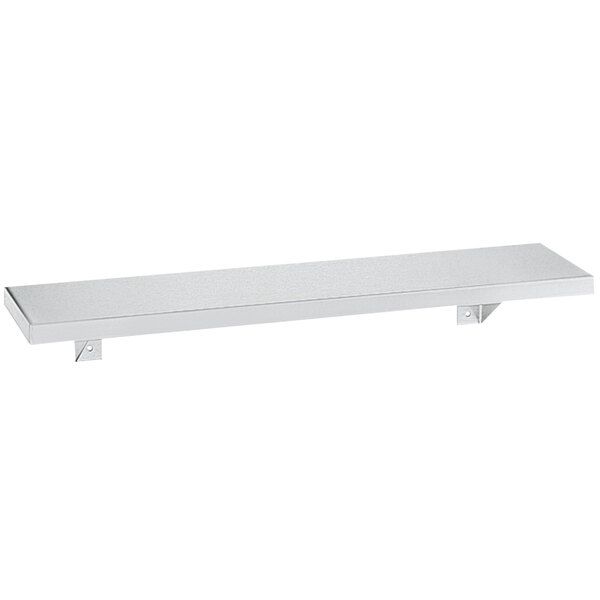 A stainless steel Bobrick wall mount shelf with a satin finish.
