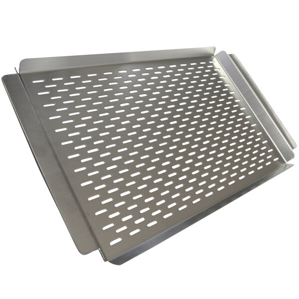 A Crown Verity stainless steel vegetable and fish grilling tray with holes.
