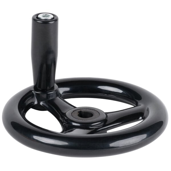 A black hand wheel with a metal nut.