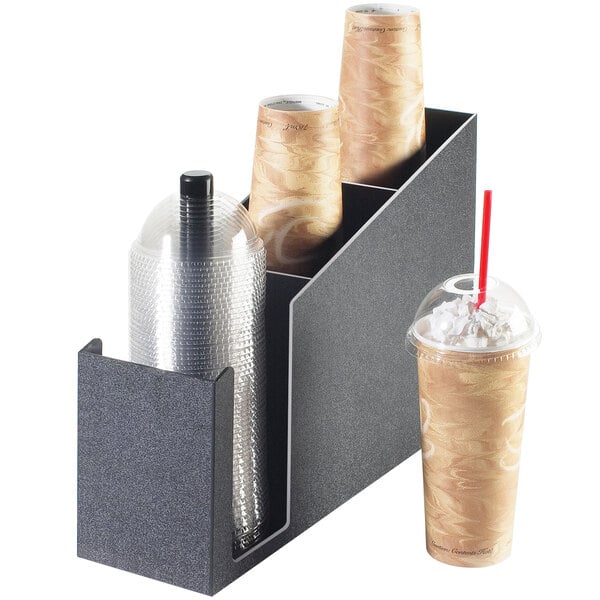 A Cal-Mil black countertop cup and dome lid organizer holding plastic cups with lids and straws.