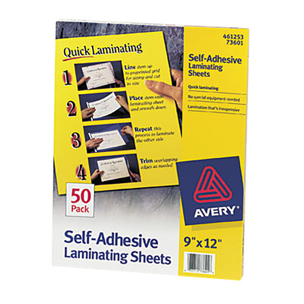 A yellow box of Avery Self-Adhesive Laminating Sheets with blue and yellow labels.