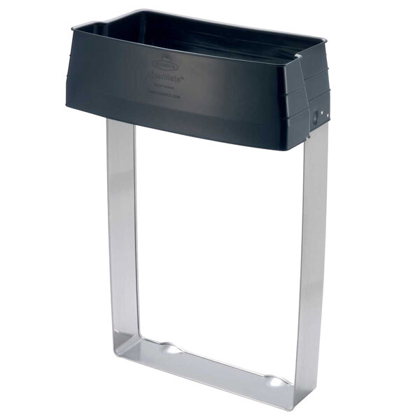 A black rectangular Bobrick can liner with a silver metal stand.