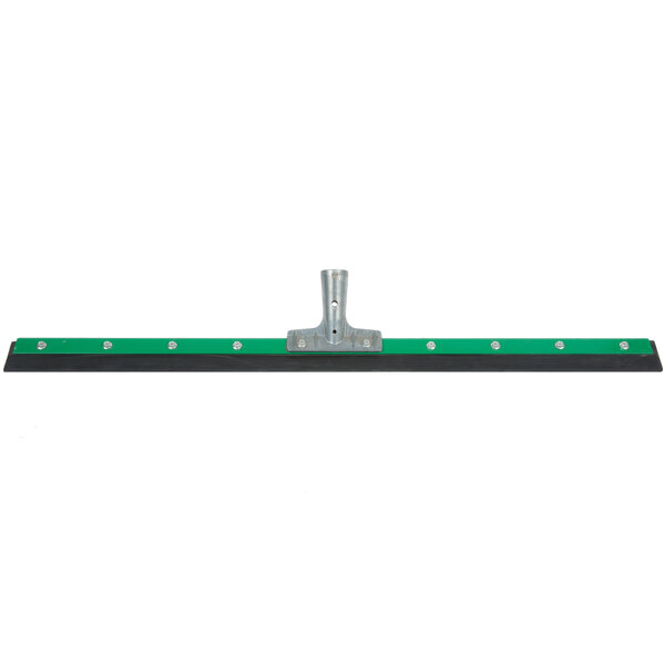 A metal Unger floor squeegee with a black and green handle.