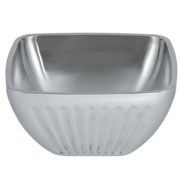 A silver square metal bowl with a fluted design.