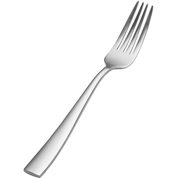 A close-up of a Bon Chef stainless steel dinner fork with a silver handle.