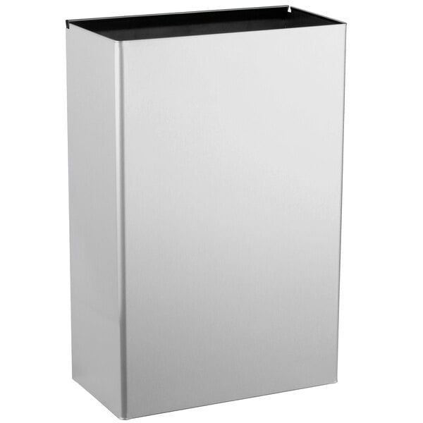 A white rectangular stainless steel Bobrick trash receptacle with a black lid.