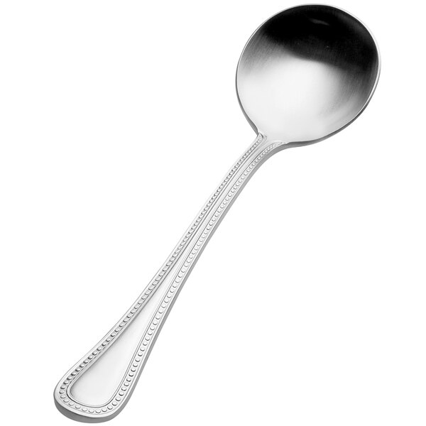 A case of 12 Bon Chef stainless steel bouillon spoons with a handle.