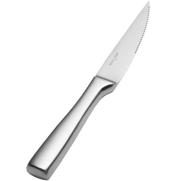 A close-up of a Bon Chef stainless steel knife with a silver handle.