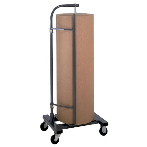 A black cart with a large cardboard roll of paper on a black pole.