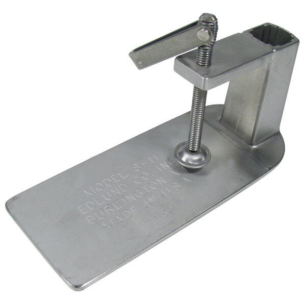 A metal base clamp with a screw on top.