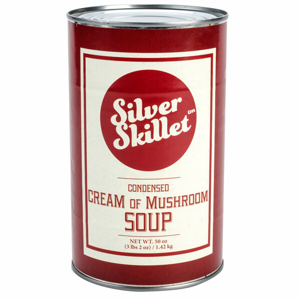 A case of 12 silver cans of Cream of Mushroom Soup.