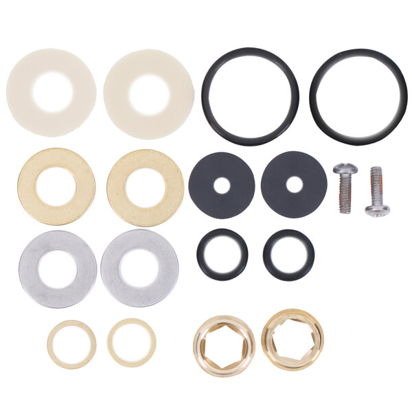 A T&S Big-Flo faucet repair kit with rubber and brass washers and O-rings of different sizes.