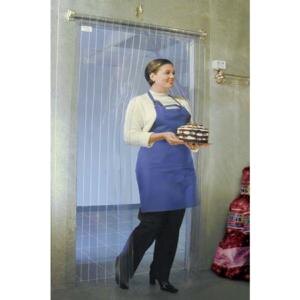A woman in a blue apron holding a cake in a room with a strip door.