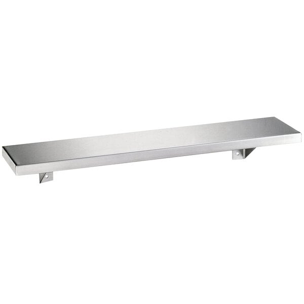 A Bobrick stainless steel wall mount shelf with a satin finish.