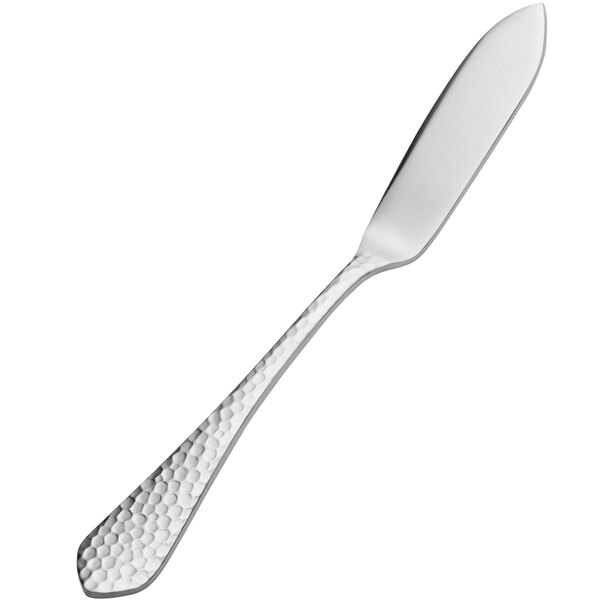 A close-up of a Bon Chef stainless steel butter spreader with a textured handle.