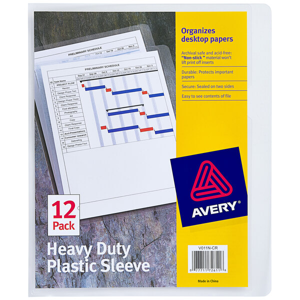 A package of 12 Avery clear heavy-duty plastic document sleeves.