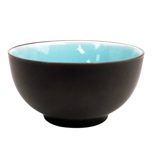 A black stoneware rice bowl with a blue interior.