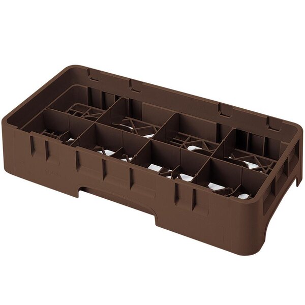 A brown plastic Cambro glass rack with eight compartments.